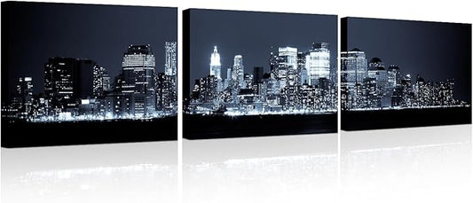 New York Skyline Canvas Wall Art Manhattan Wall Art for Living Room Cityscape at Night Pictures for Bedroom Modern Home Decor Office Bathroom Decorations Artwork Framed Ready to Hang 12x48 Inch