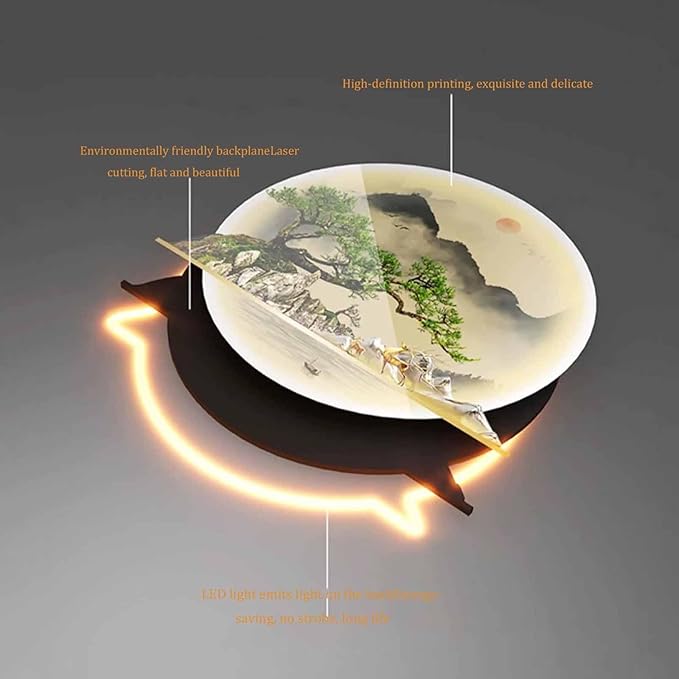 3D Oriental Waterfall Wall Art with LED Light,Oriental Welcoming Pine Landscape for Living Room Office Decor,Modern Art Wall Decor Sculptures, Plug-in Power Supply, Remote Control（50 * 75cm）