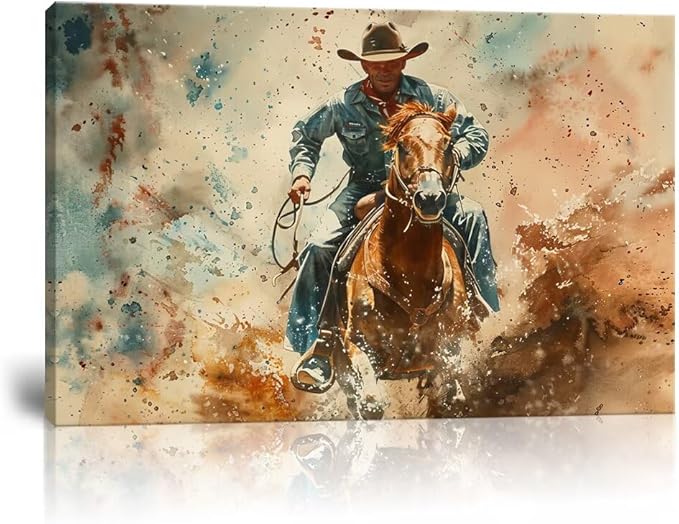 Cowboy Wall Art Pictures Vintage Horse Poster Canvas Prints Western Cowboy Artwork Wall Decor for Living Room Bedroom Office Home Decorations Framed Ready to Hang (12''H x 16''W)