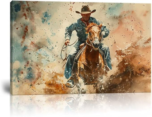 Cowboy Wall Art Pictures Vintage Horse Poster Canvas Prints Western Cowboy Artwork Wall Decor for Living Room Bedroom Office Home Decorations Framed Ready to Hang (24''H x 36''W)
