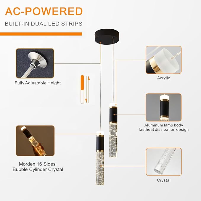 Led Pendant Light,Crystal Modern Kitchen Island Light Fixture,Adjustable Pendant Lighting for Kitchen Island,Black Gold Led Chandelier for Dining Room,Bedroom,Mini Pendant Spot Lights (2-Light)