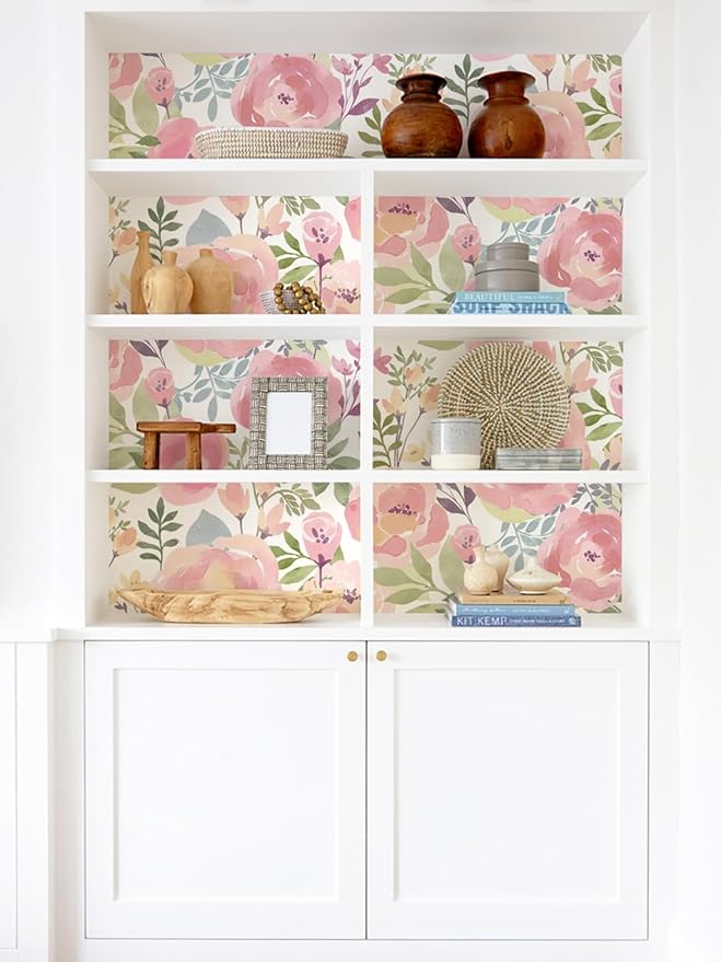 Orainege Floral Wallpaper Peel and Stick Wallpaper 16.9in x118.1in Peony Floral Contact Paper Removable Self Adhesive Wall Paper for Cabinets Walls Shelf Liner, Peachy