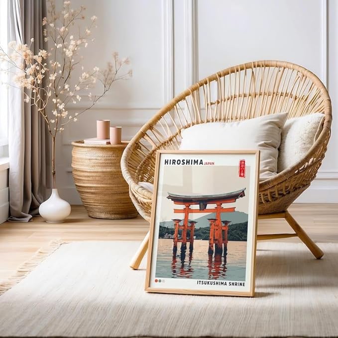 Nationcog Itsukushima Shrine Poster, Vintage Hiroshima Japan Wall Art Print, Floating Torii Gate Landscape, Japandi Asian Temple Decor for Bedroom, Living Room or Office (Unframed) (12x18)