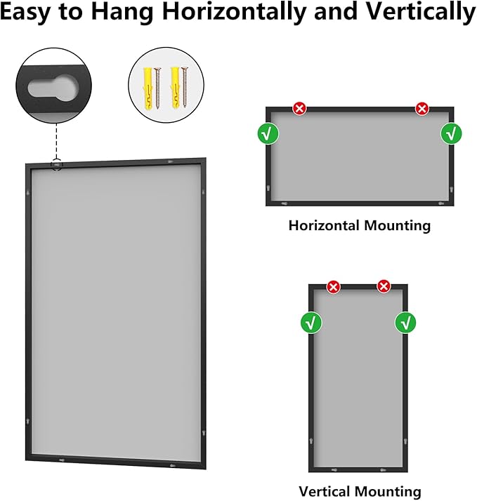 Bathroom Mirror 36x60 Black Bathroom Wall-Mounted Mirrors, Modern Vanity Mirror for Bedroom, Living Room, Aluminum Alloy Frame Allow to Hang Horizontally or Vertically