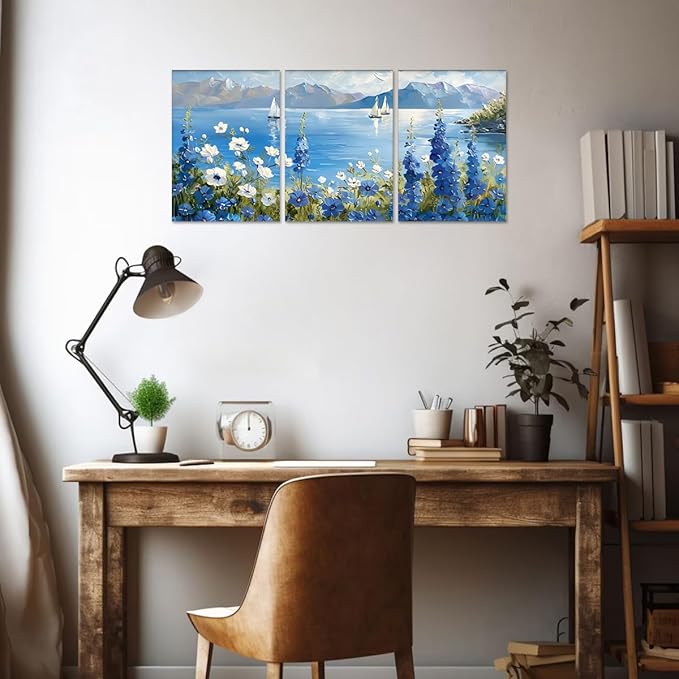 MAMAGO Vintage Floral Wall Art 3 Panels Natural Flowers Botanical Canvas Print Posters Coastal Sailboat Landscape Aesthetic Painting Modern Home Wall Decor Framed Easy to Hang-20”x28”x3pcs