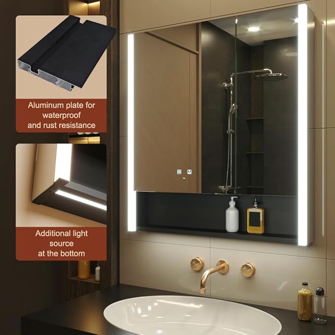 KWW LED Lighted Bathroom Medicine Cabinet with Sockets & USBs, Defogger, Dimmable, 3 Color Light Makeup Mirror, Easy to Install, Wall Mounted Cabinet (Two-Door, 31 * 34)