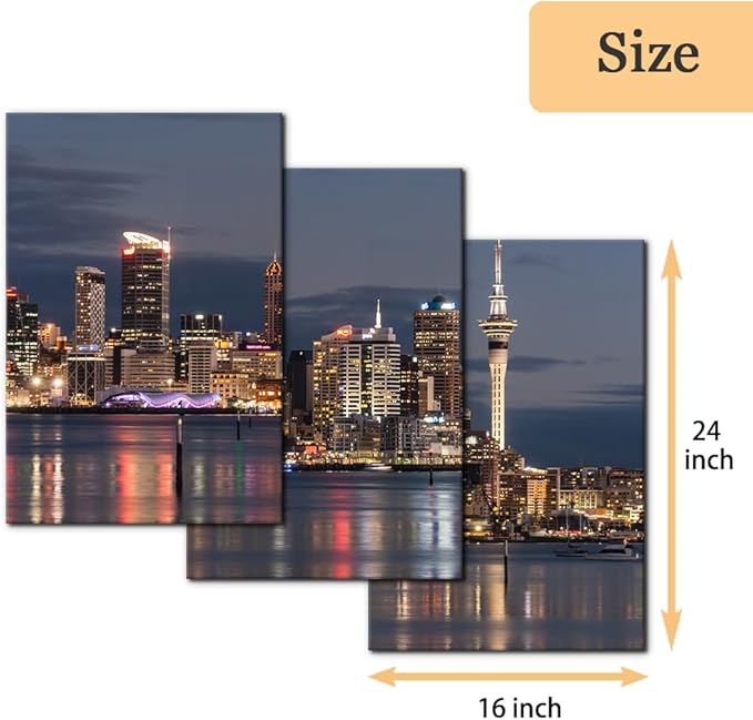 Pacimo Auckland Cityscape Wall Art - Framed Canvas Painting Prints with City Night Skyline Design - Perfect for Modern Artwork Home Decor Wall Decor for Living Room Bedroom Office - 16"x24"x3 Panels