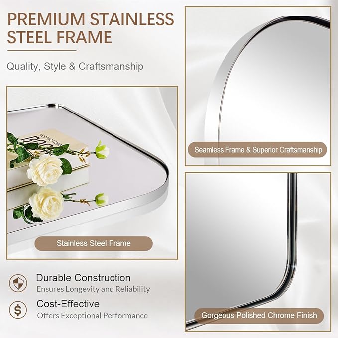 ANDY STAR Chrome Arched Mantel Large Wall Mirror, 30x36 Polished Nickel Stainless Steel Framed Arch Mirror Wall-Mounted for Wall Decor Living Room, Bathroom, Bedroom, Entryway & Fireplace Mantel