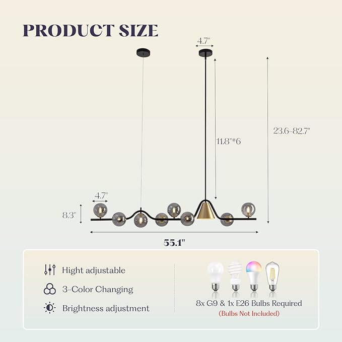 L55 in Mid Century Modern Chandelier, Black and Gold Globe Sputnik Glass Chandeliers Light Fixture,Rectangular Chandelier, 9 Light Dining Room Light Fixtures Over Table