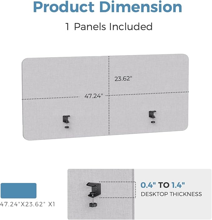 47.2" Privacy Desk Divider Panel, Acoustic Divider Panels for Office, Clamp-on Cubicle Office Room Dividers, Easy Assemble, Light Grey