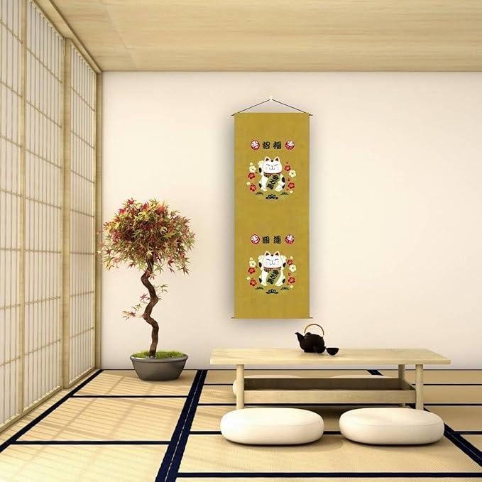 Japanese Tapestry Scroll Wall Art - Good Fortune Feng Shui & Lucky Symbols | W15.7xH47.2", Extra Long Vertical Hanging Decor for Bedroom, Living Room, Office | Washable Fabric (Beckoning Cat) CTT-129