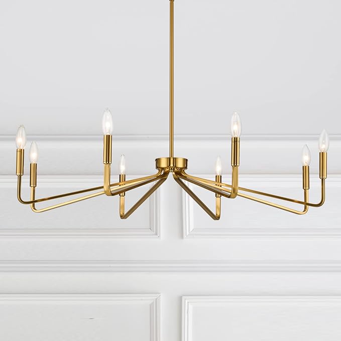 38" Gold Chandeliers for Dining Room, 8-Light Modern Farmhouse Chandelier Light Fixture, Brushed Brass Industrial Candle Lighting Hanging Ceiling for Living Room Bar Kitchen Island Lights