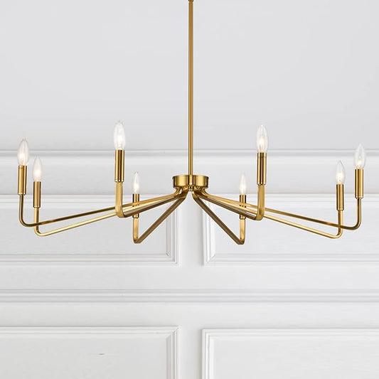 38" Gold Chandeliers for Dining Room, 8-Light Modern Farmhouse Chandelier Light Fixture, Brushed Brass Industrial Candle Lighting Hanging Ceiling for Living Room Bar Kitchen Island Lights
