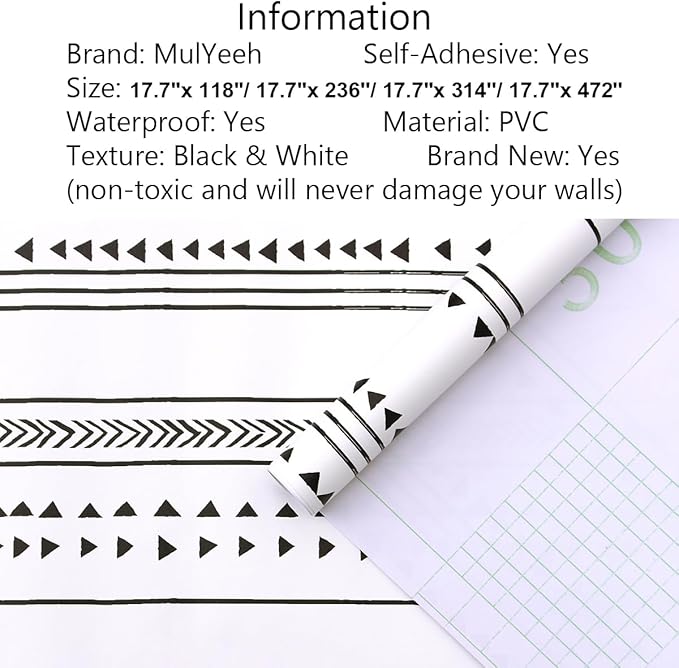 MulYeeh 17.5'' x 314'' Adhesive Peel and Stick Paper Modern Arrow Trellis Black White Wallpaper Modern Triangle Removable Wall Covering Prepasted Decorative