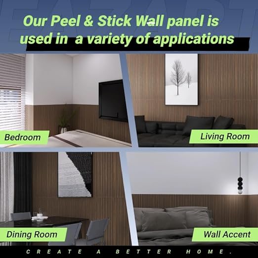 Modern Wood Slat Wall Panels, Peel and Stick, Decorative Wall Covering, Natural Wood Finish (Dark Walnut)