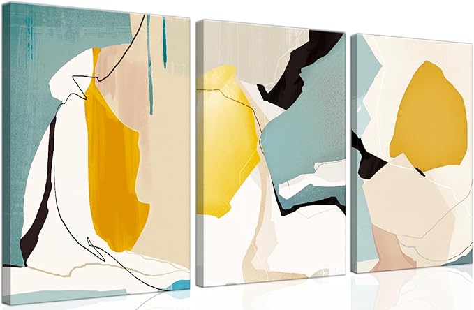 Abstract Wall Art Set of 3 – Modern Mid Century Canvas poster Prints with Geometric Shapes, Minimalist Yellow Teal Beige Artwork for Living Room, Bedroom, Office, Bathroom Wall Décor,Frame 16x24in