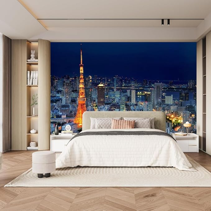 City Building Wallpaper, Night View Night Sky Modern HD 3D Hand Painted Art Mural, Large Fashion Background Rendering Illustration Mural, for Living Room Home Decor.48 W x 36" H