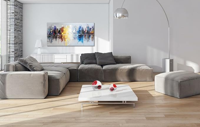 Large Hand Painted Abstract Reflection Cityscape Canvas Wall Art Modern Oil Painting Contemporary Decor Artwork (60 x 30 inch)