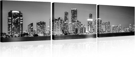 Miami Skyline Wall Art for Living Room Downtown Miami Black and White Wall Art Canvas Print Modern Home Decor Pictures Skyscraper Artwork House Decor Posters Prints Ready to Hang 12x48 Inch
