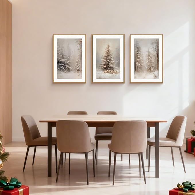 Aryroi Winter Snowy Forest Landscape Framed Canvas Wall Art Set,Modern Woodland Frosty Scenery Wall Decor,Nature Snow Covered Pine Tree Botanical Artwork for Living Room, Bedroom,Farmhouse- 16"x24"x3