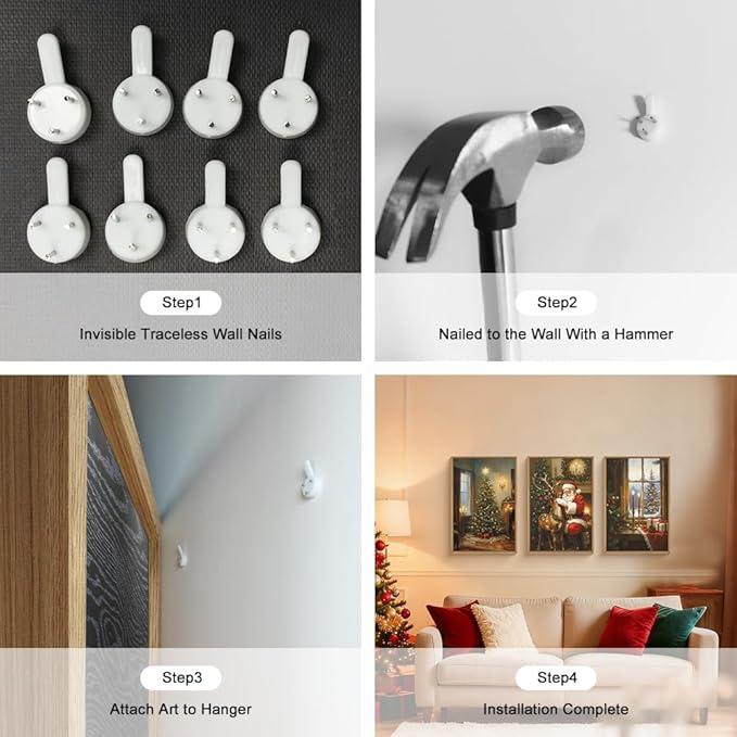 Ausril Vintage Christmas Wall Art Set of 3, Santa Reindeer Snowy Painting, Lit Tree Candle Window Artwork for Living Room, Bedroom, Fireplace, Xmas Gifts for Home Decoration 16×24 inch