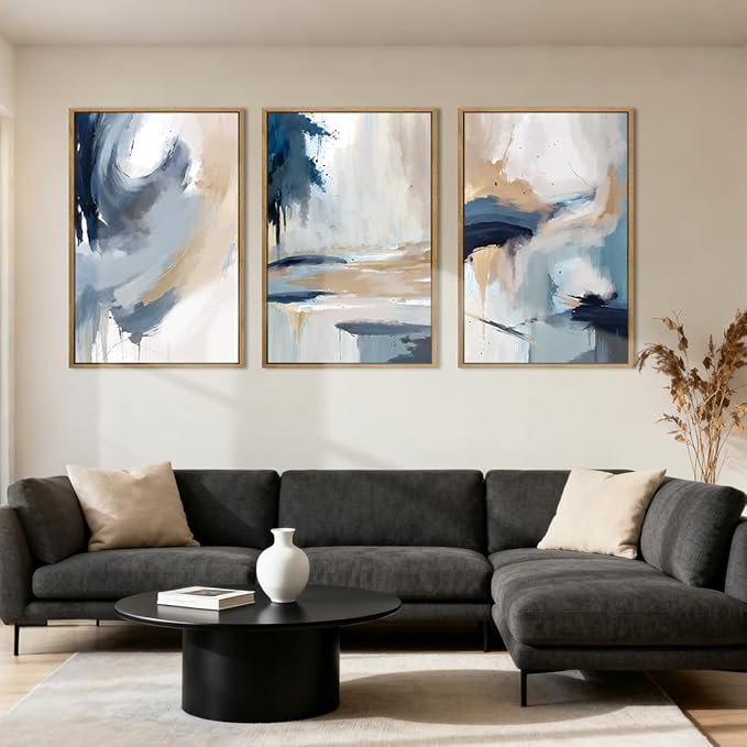 Anyzal Large Blue Abstract Wall Art Framed Modern Artwork Neutral Wall Decor for Living Room Bedroom Office 24X36 Inch Set of 3