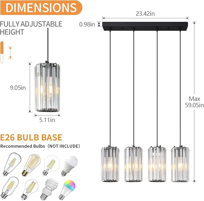Black Pendant Lighting Modern Pendant Light, Mini Crystal Chandeliers,Adjustable Pendant Light Fixture for Kitchen Island Dinning Room Corridor Bedroom(Gold 4-Light)