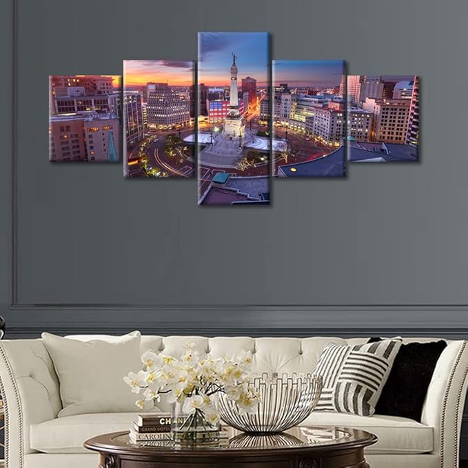 5 Panel Home Decor Skyline at the American Monument in Indianapolis Wall Art Indianapoli Dusk Urban Landscape Pictures Wall Decorations for Living Room Print on Canvas Ready to Hang (50"Wx24"H)