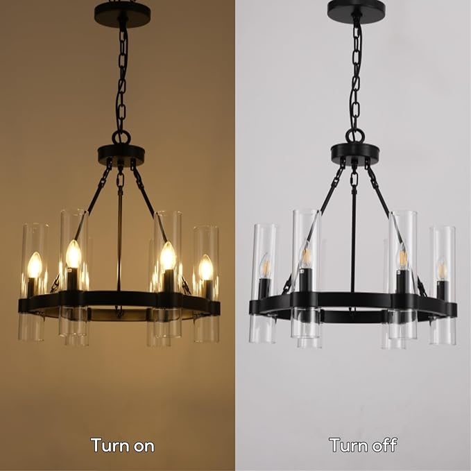 20 Inch Black Wagon Wheel Chandelier, Industrial Chandeliers with Glass Shade, 6-Light Large Round Chandelier, Farmhouse Chandeliers for Dining Room, Living Room, Bedroom and Entryway