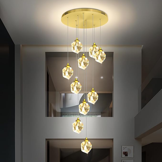 10-Lights Gold Crystal Chandeliers for Living Room 120 inches Long Staircase Chandelier Foyer Entrance Crystal Ceiling Light High Ceiling Chandeliers LED Dimmable 3000-6000K