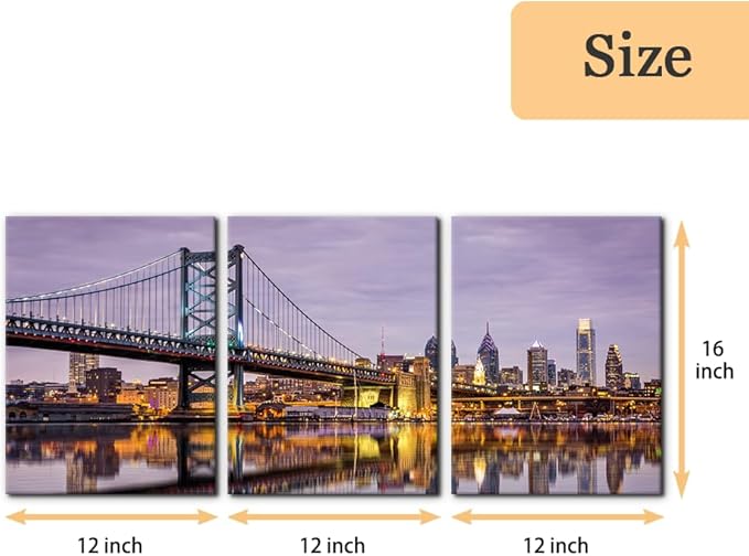 Pacimo Canvas Wall Art Ben Franklin Bridge Skyline Modern Home Decor Philadelphia Cityscape Picture Prints Modern Artwork for Wall Decor Stretch and Framed Ready to Hang - 12"x16"x3 Panels