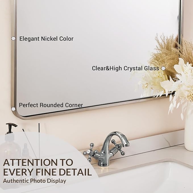 ANDY STAR 48x32 Inch Brushed Nickel Bathroom Mirror, Rounded Rectangle Bathroom Vanity Mirrors for Wall, Anti-Rust SUS304, Seamless Tube Metal Frame, 1’’ Deep Wall Mounted Vertically/Horizontal