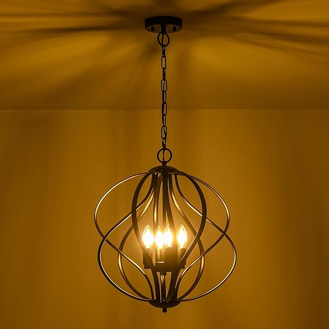 17” Modern Black Chandelier for Dining Room - 4-Light Industrial Sphere Pendant Light, Hanging Geometric Chandelier for Kitchen, Entryway, Foyer, Stairs