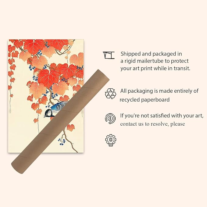 OZCONO Japanese Bird Art Print, Vintage Blue Songbird with Red Maple Leaves, Gallery Quality UV-Resistant Giclée Print, Unframed Wall Decor (14L x 11W)