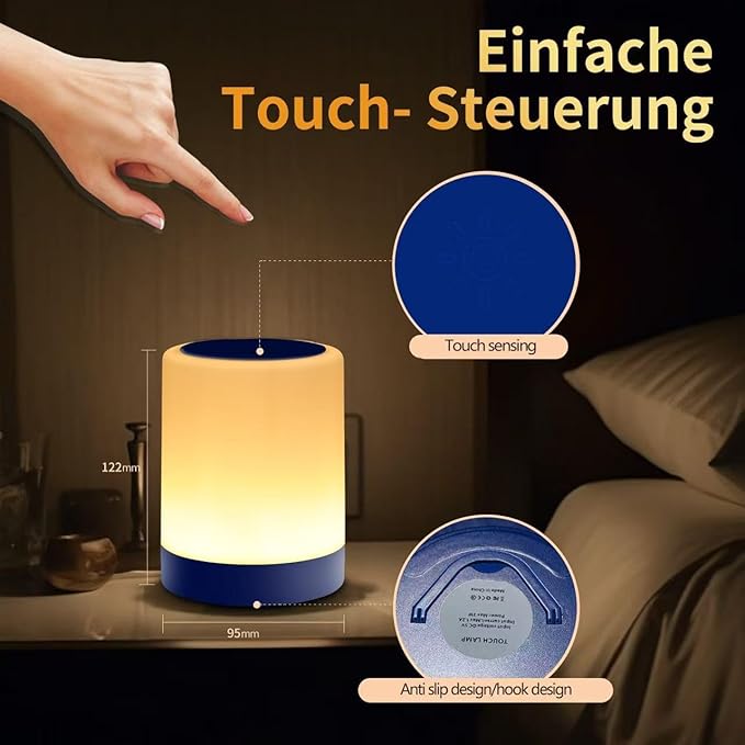 OORUN Touch Bedside Table Lamp,13 RGB Colors & 5 Brightness, USB Rechargeable Desk Lamp, Remote Control Dimmable Night Light with RGB Color Changing,Portable Lamp for Baby, Bedroom, Living Room (Blue)