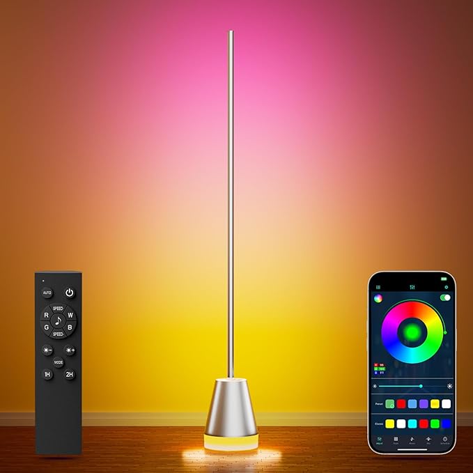 Keepsmile Smart RGB LED Corner Floor Lamp, Bright Standing Lamps for Living Room with APP and Remote,Modern Floor Lamp with Music Sync and 16 Million Colors, Ambient Light for Bedroom Silver