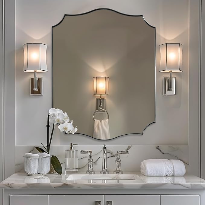 ANDY STAR Chrome Bathroom Mirror for Wall, 24x32 Inch Polished Chrome Mirror, Bathroom Mirror for Over Sink, Irregular Wall Mirror in Thin Stainless Steel Frame Deep 1’’, Wave Inspired Style