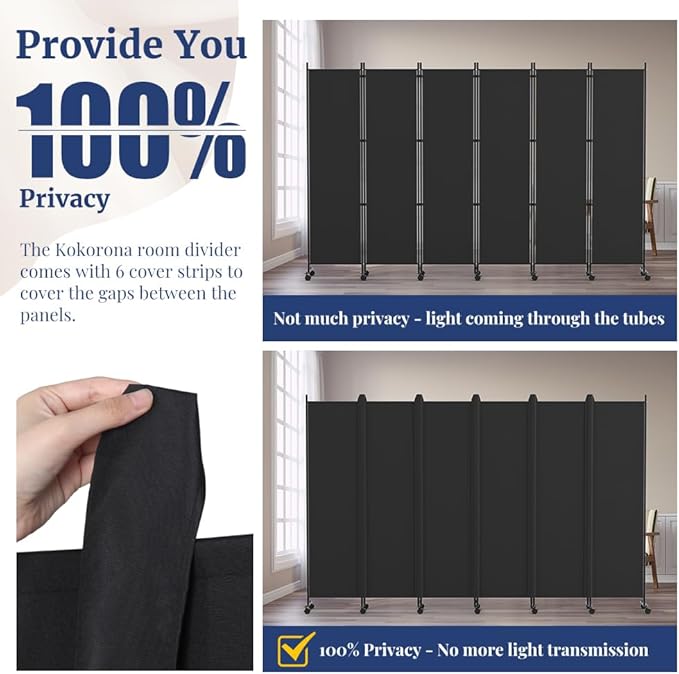 Kokorona 6 Panel Room Divider, 6FT Tall Rolling Privacy Screen with Lockable Wheels, Folding Wall Dividers Portable Room Divider for Room Separation, Included - Cover Strips, Black, 119''W x 70''H