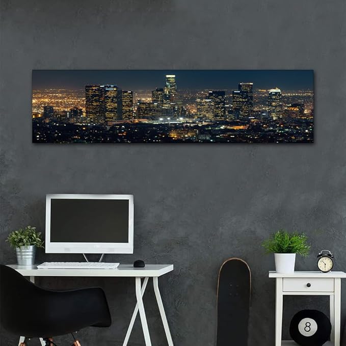 City Skyline Wall Art Cityscape Paintings Modern Decor Los Skyscrapers Night Scene Picture on Canvas for Home Decor Skyline at Dusk Landscape of City Night View Artwork for Living Room 12x46 Inch