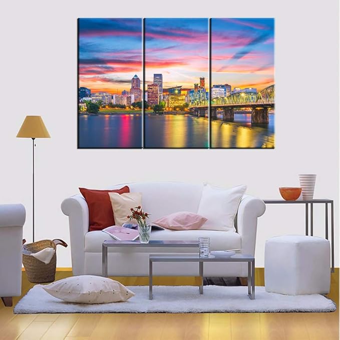 3 Pieces Wall Art Painting Portland, Oregon Skyline Prints On Canvas the Picture City Pictures Oil for Home Modern Decoration Print Decor for Living Room with Framed Ready to Hang - 28 inch x 14 inch