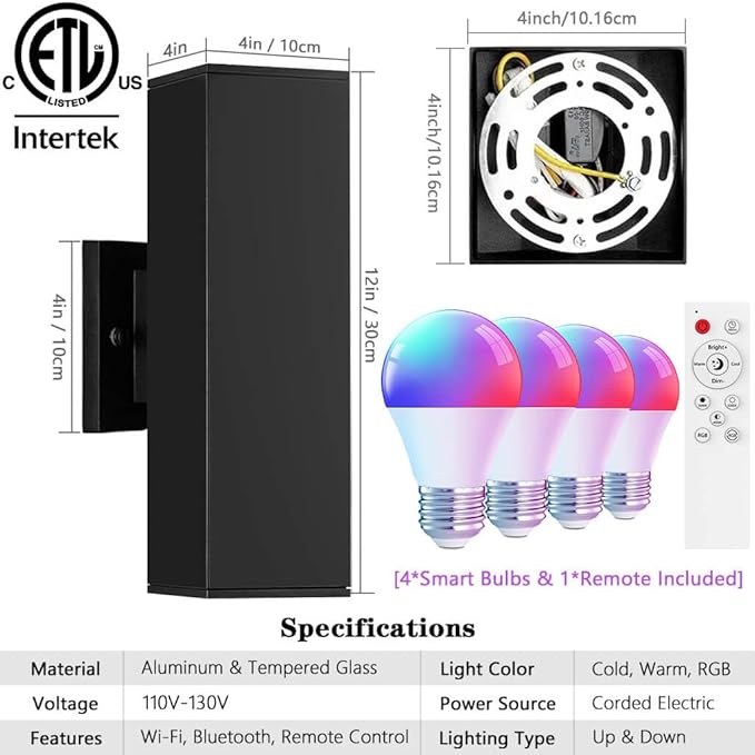 KIZON Smart Porch Lights 2 Pack, Modern Dusk to Dawn Exterior Lighting Fixtures Color Changing App Control with Remote, Dimmable RGB Outdoor Wall Lights for House Patio Garage Theater, ETL Listed