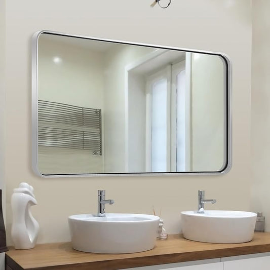 ANDY STAR 48”X30” Chrome Bathroom Mirrors, Polished Chrome Vanity Mirror, Rounded Rectangle Mirror for Wall, SUS304 Anti-Rust Tube Metal Frame, Wall Mounted Horizontal/Vertical 1’’ Deep