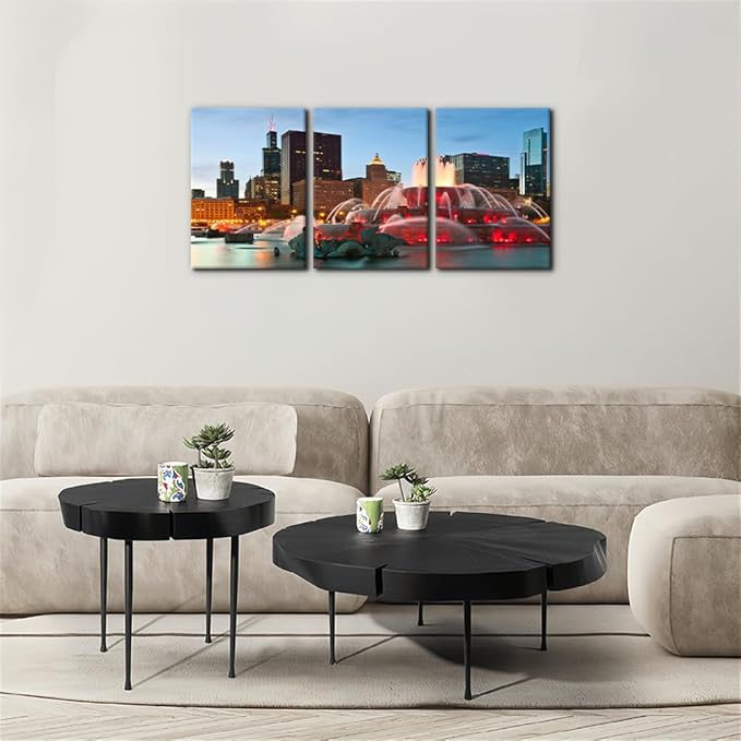 Pacimo Canvas Wall Art for Bedroom - Buckingham Fountain Painting Prints Chicago Cityscape Wall Decor Skyline Modern Artwork Home Decor Stretched and Framed Ready to Hang - 12"x16"x3 Panels