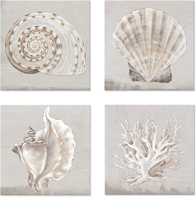 JAPO ART White Sea Shells Pictures Coastal Beach Canvas Wall Art Picture Vintage Seashell Giclee Print on Canvas Stretched for Living Room Bedroom Wall (White shells Eva Watts, 12x12Inchx4pcs)