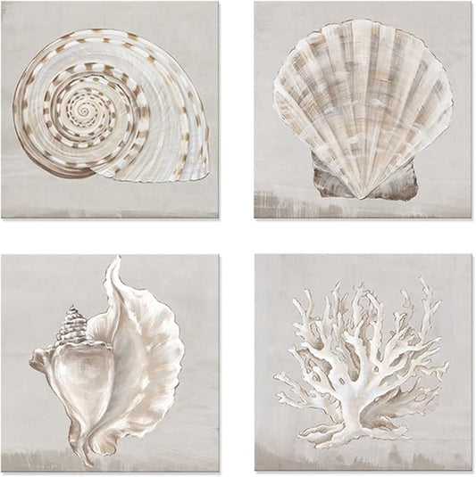 JAPO ART White Sea Shells Pictures Coastal Beach Canvas Wall Art Picture Vintage Seashell Giclee Print on Canvas Stretched for Living Room Bedroom Wall (White shells Eva Watts, 12x12Inchx4pcs)