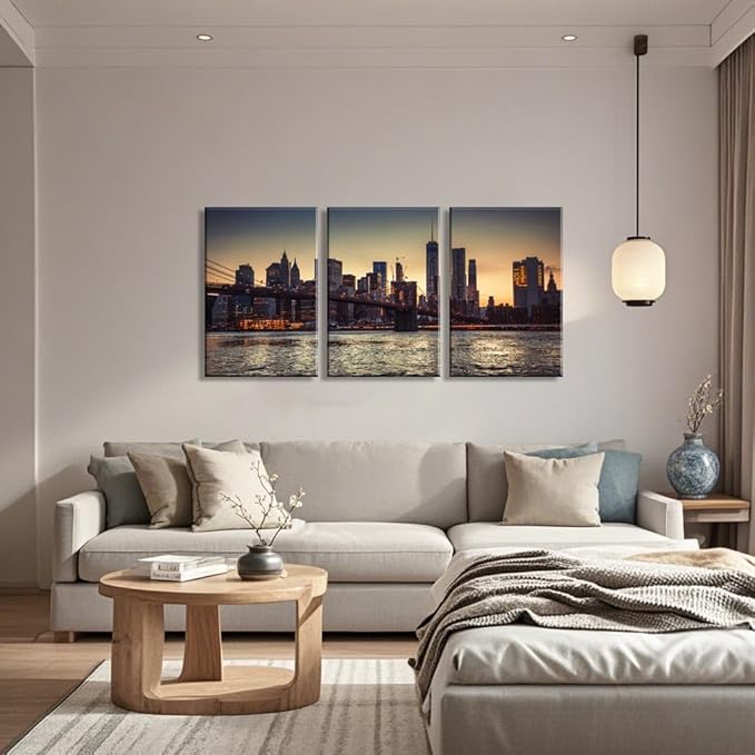 NAN Wind 3PCS New York City Skyline Canvas Wall Art Brooklyn Bridge at Sunset Golden Hour Manhattan Cityscape Pictures Canvas Artwork East River Reflection Modern Urban Home Decor Living Room Office