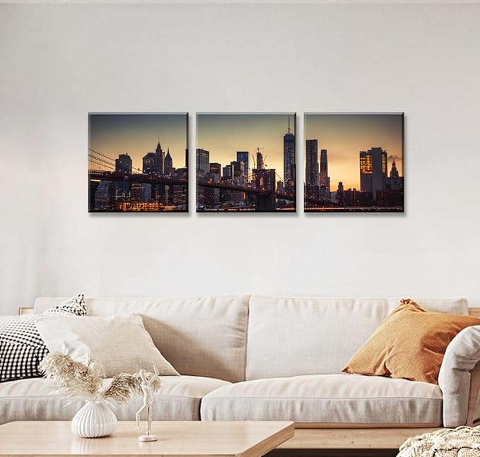 NAN Wind 3PCS Modern Urban Skyline Wall Art NYC-Inspired Twilight Cityscape Framed Canvas Prints Art Contemporary Manhattan Bridge Golden Sunset Skyscraper Canvas Pictures for Home Office Decor