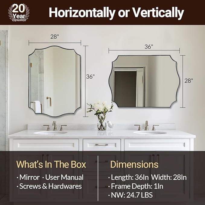 ANDY STAR Brushed Nickel Bathroom Mirror, 28x36 Inch Asymmetrical Wall Mirror, Modern Rectangle Mirror with Unique Wavy Design Ideal for Home Decor, Premium Stainless Steel Metal