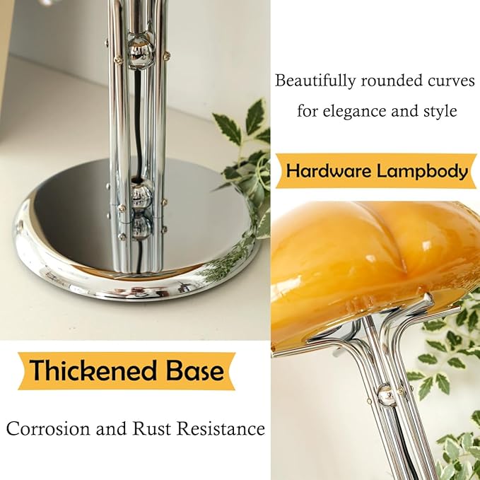 Mushroom Table Lamp with Caramel Lampshade,Art Deco Glass Desk Light with Chrome Base,Dimmable Small Nightstand Lamp,Mid Century Table Light for Living Room Bedroom