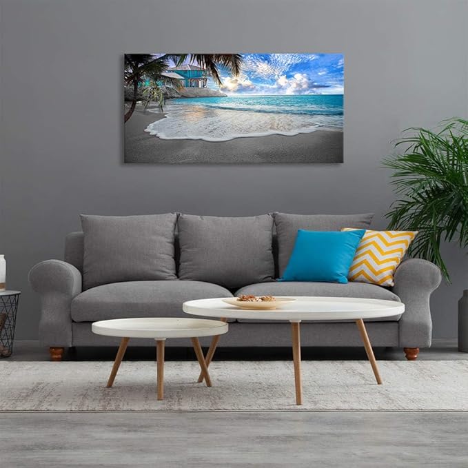 BYXART Beach Canvas Wall Art for Bedroom Ocean Themed Living Room Decor Tropical Palm Tree Artwork Blue Sea Waves Picture Seascape Scenery Nature Painting for Home Office Decoration 40L x 20W